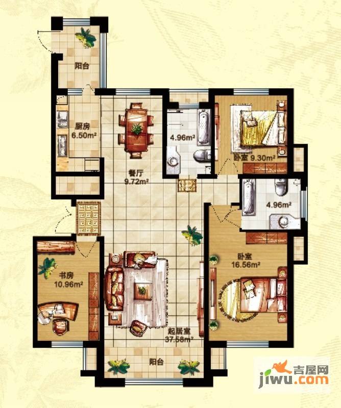 海富第五大道3室2厅2卫109.5㎡户型图