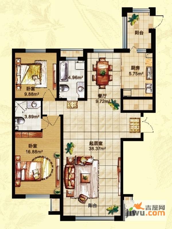 海富第五大道2室2厅2卫89.5㎡户型图