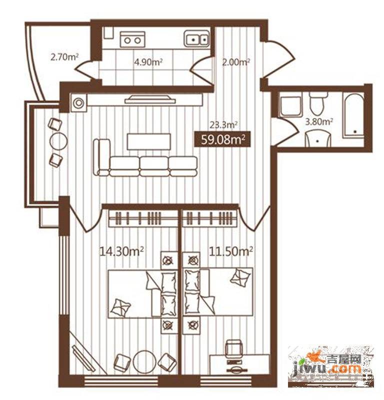 嵩山国际2室1厅1卫61.2㎡户型图