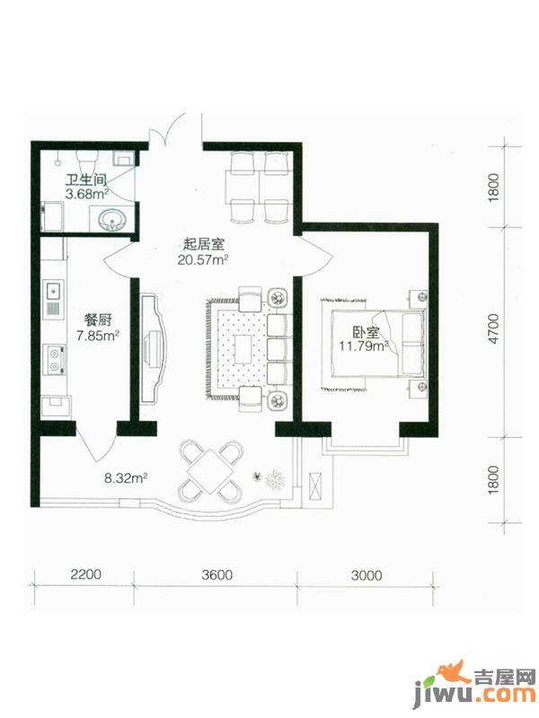 南极国际维也纳花1室1厅1卫43.9㎡户型图