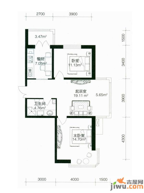 南极国际维也纳花2室1厅1卫56.8㎡户型图