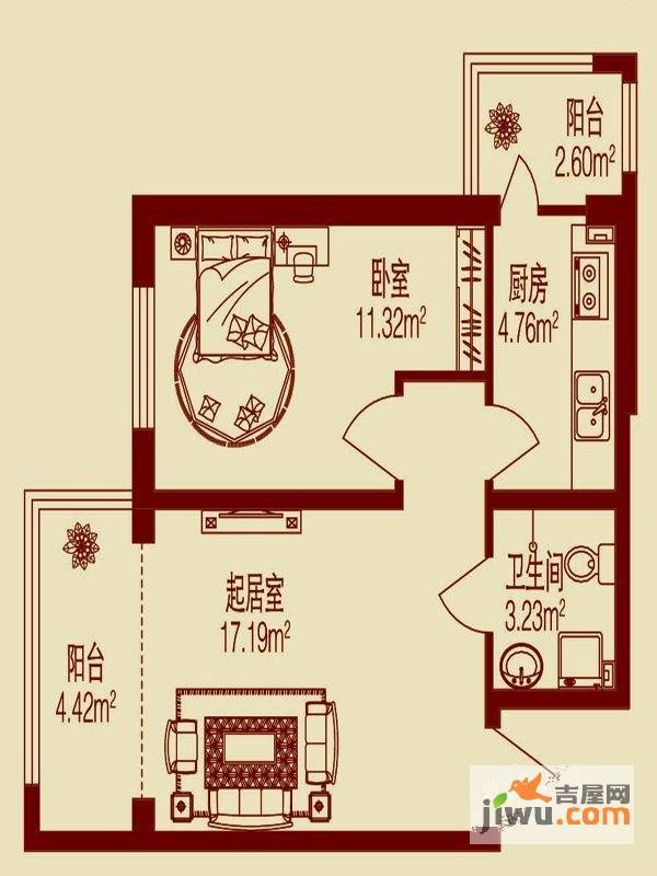 春天故事1室1厅1卫36.5㎡户型图