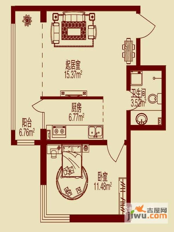 春天故事1室1厅1卫36.5㎡户型图