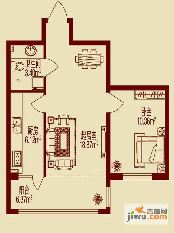 春天故事1室1厅1卫36.5㎡户型图