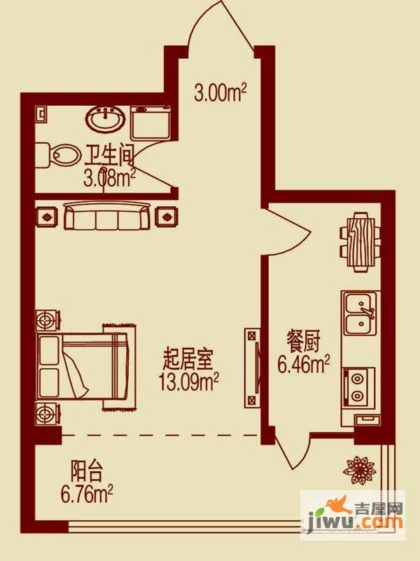 春天故事1室1厅1卫36.5㎡户型图