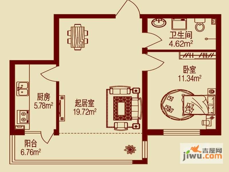 春天故事1室1厅1卫36.5㎡户型图