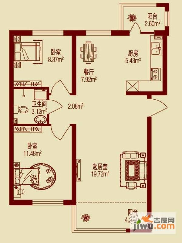 春天故事2室2厅1卫58.1㎡户型图