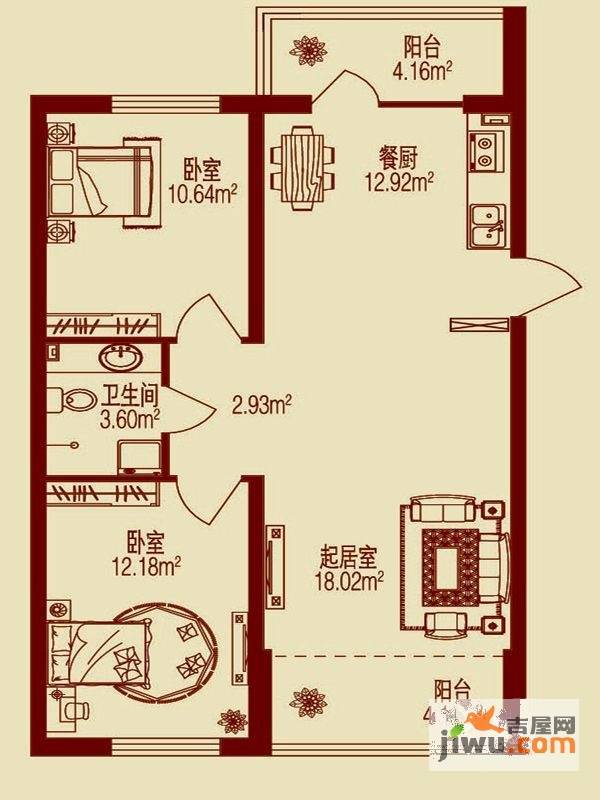 春天故事2室2厅1卫58.1㎡户型图