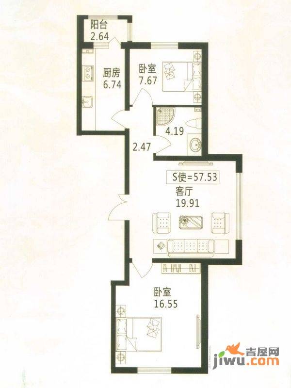 怡园绿景2室1厅1卫57.5㎡户型图