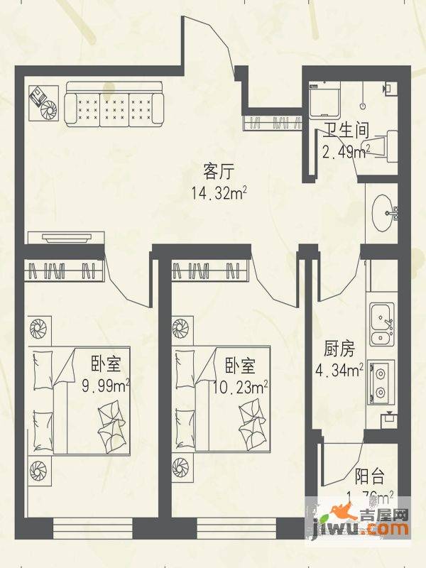 东都公元2室1厅1卫41.4㎡户型图