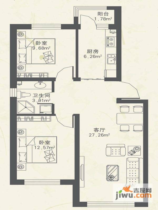 东都公元2室1厅1卫59.7㎡户型图