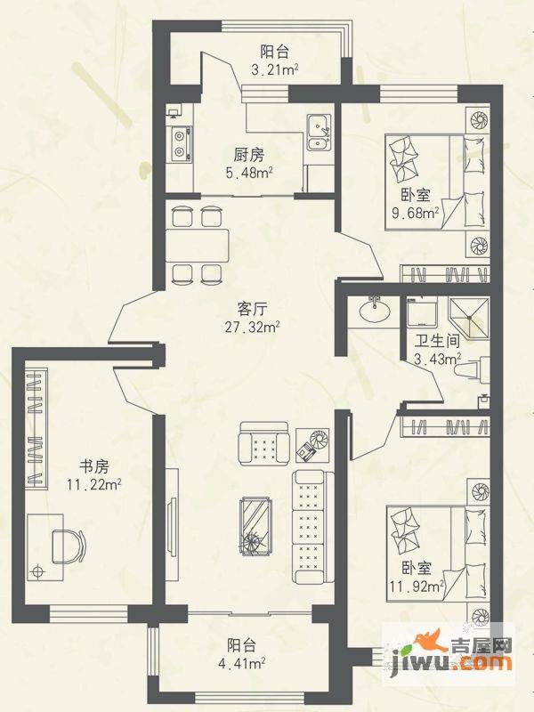 东都公元3室2厅1卫69㎡户型图