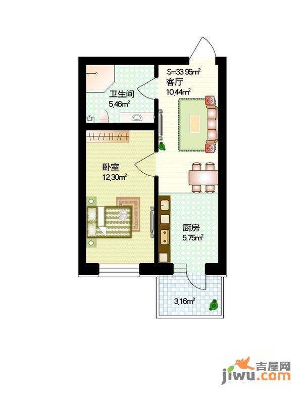 红星家园1室1厅1卫34㎡户型图