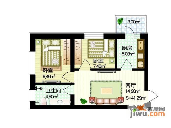 红星家园2室1厅1卫37.6㎡户型图