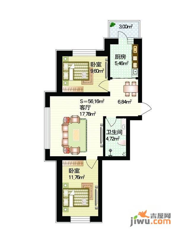 红星家园2室1厅1卫56.2㎡户型图