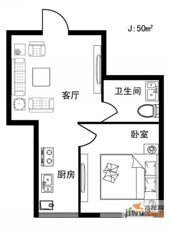 格林雅居1室1厅1卫50㎡户型图