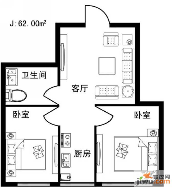 格林雅居2室1厅1卫62㎡户型图