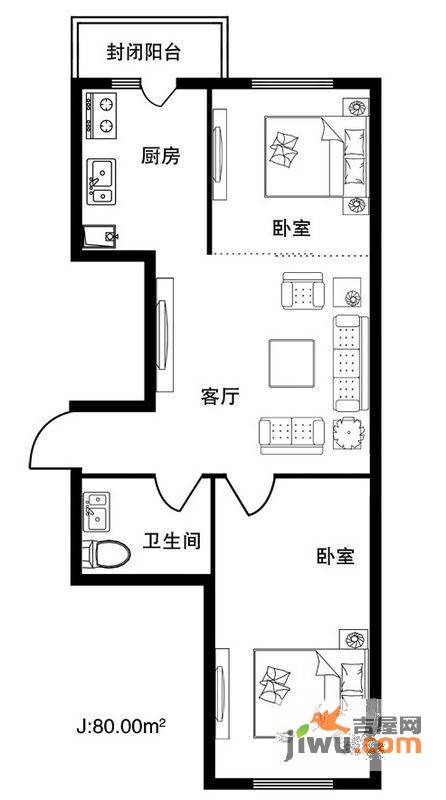 格林雅居2室1厅1卫80㎡户型图