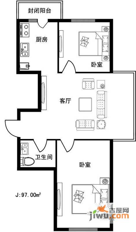 格林雅居2室1厅1卫97㎡户型图