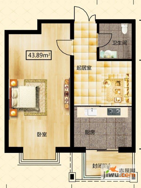 学府怡园1室1厅1卫43.9㎡户型图