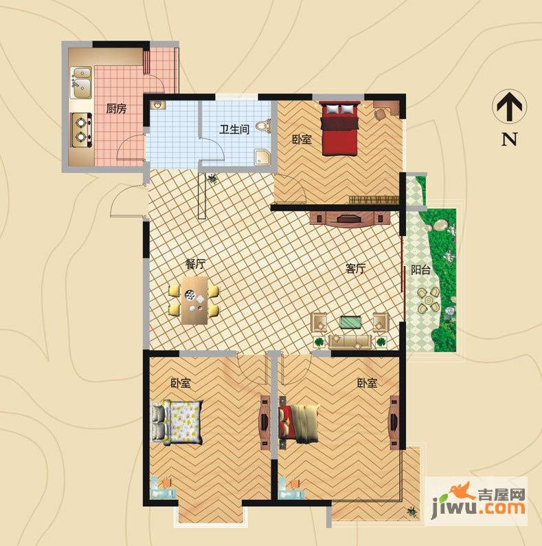 中州锦绣花苑3室2厅1卫124㎡户型图