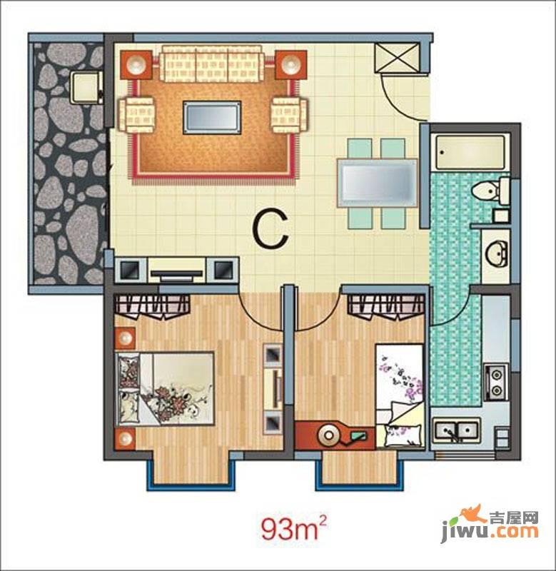 爱都会2室2厅1卫93㎡户型图