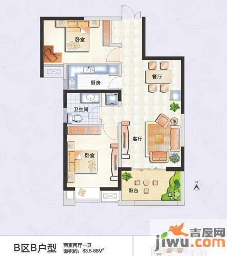 升龙凤凰城2室2厅1卫83.5㎡户型图