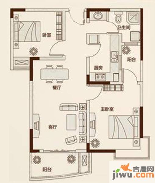 鑫苑景园2室2厅1卫77.7㎡户型图