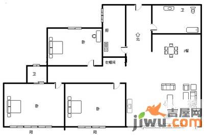 帝湖花园西王府3室2厅1卫133㎡户型图