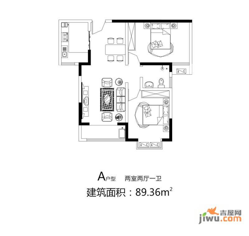 麦森公馆2室2厅1卫89.4㎡户型图