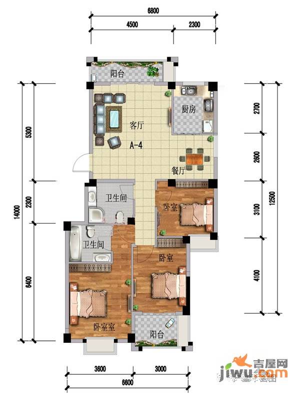 琴亭湖时代3室2厅2卫88㎡户型图