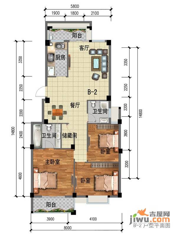 琴亭湖时代3室2厅2卫88㎡户型图