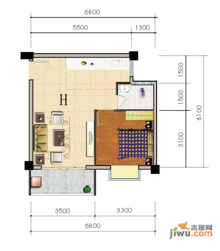 香堤雅院1室1厅1卫52.2㎡户型图