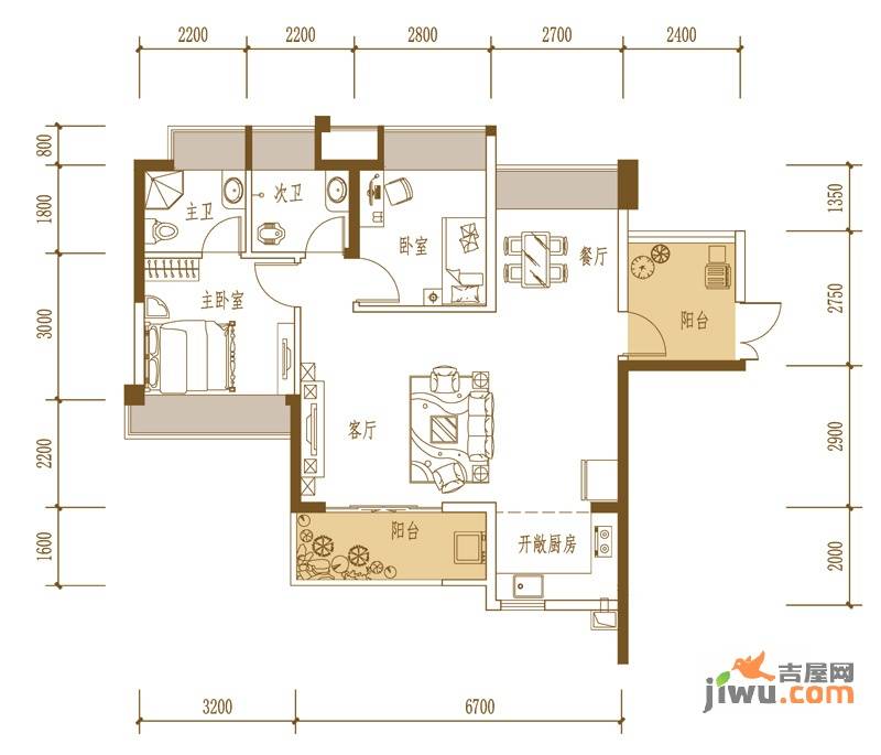 振业青秀山1号2室2厅2卫89.6㎡户型图