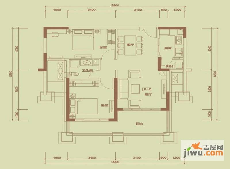 天隆三千海2室2厅2卫90.7㎡户型图