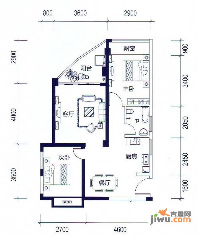 昌泰水立方2室2厅1卫76.1㎡户型图