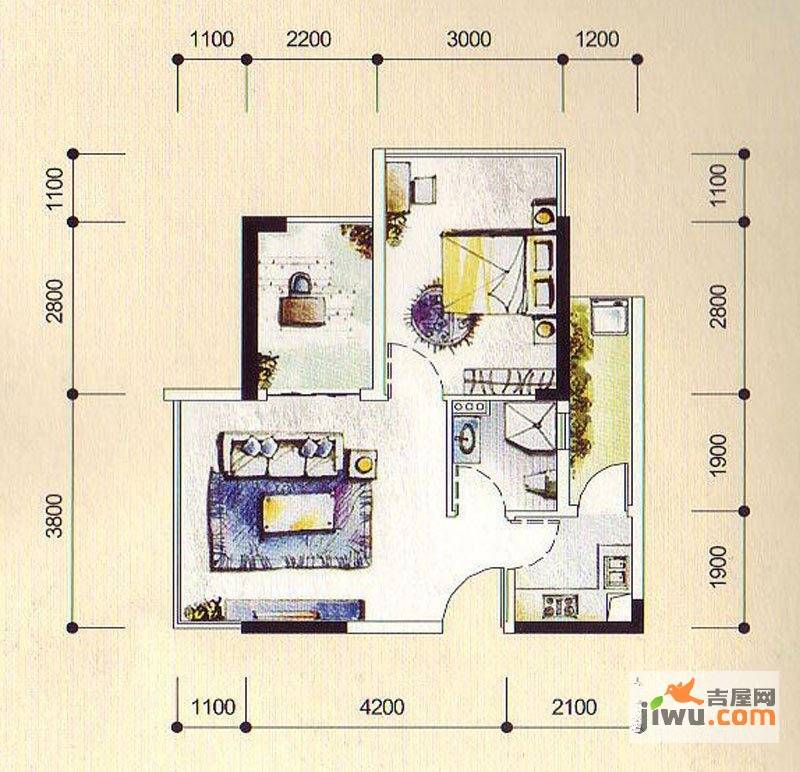 盛天果岭1室1厅1卫48.4㎡户型图