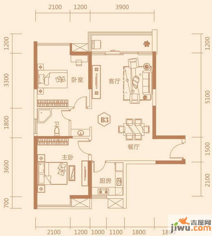 泛宇邕江一品2室2厅1卫86.8㎡户型图