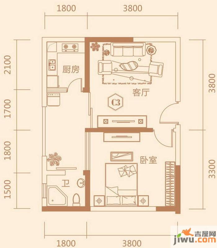 泛宇邕江一品1室1厅1卫45.8㎡户型图