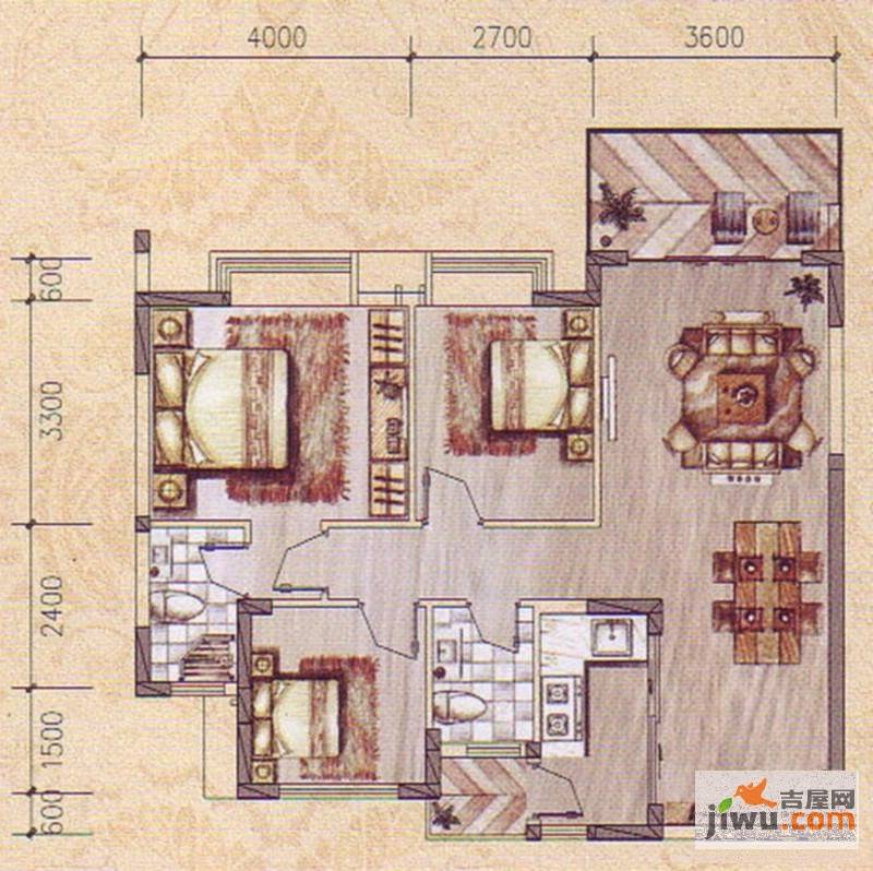 百花苑小区3室2厅2卫95㎡户型图