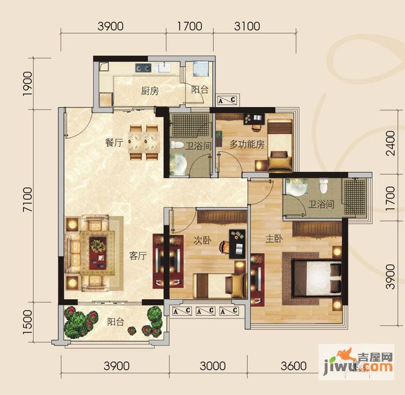 瀚林美筑2室2厅2卫89㎡户型图