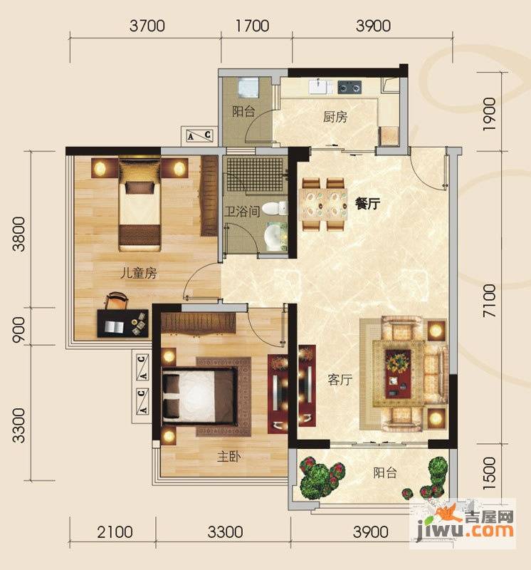 瀚林美筑2室2厅1卫80㎡户型图