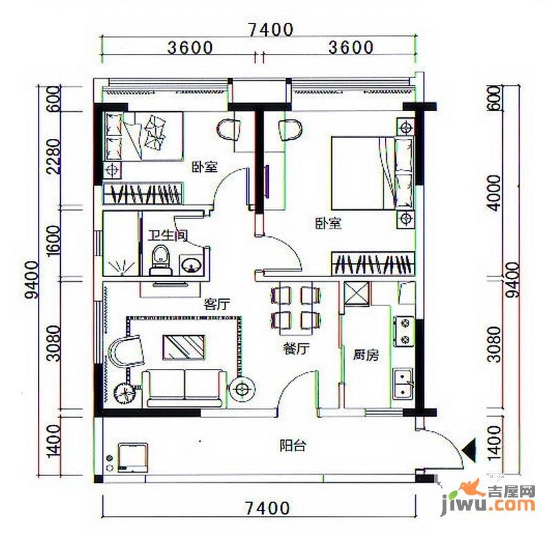 天域香格里拉2室2厅1卫80.1㎡户型图