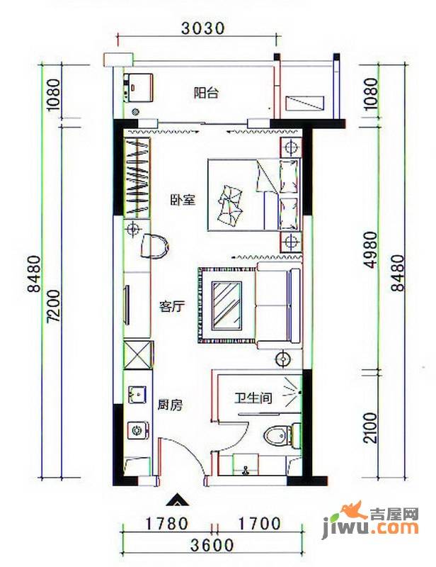 天域香格里拉1室0厅1卫38.5㎡户型图