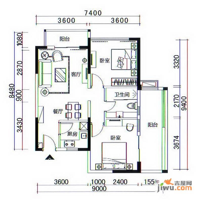 天域香格里拉2室2厅1卫90.6㎡户型图