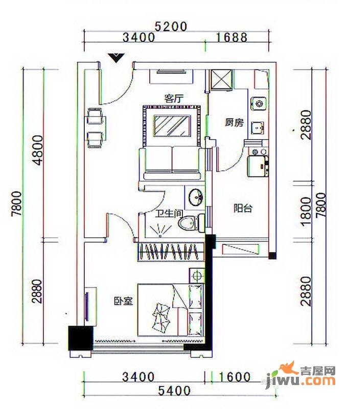 天域香格里拉1室1厅1卫45.2㎡户型图