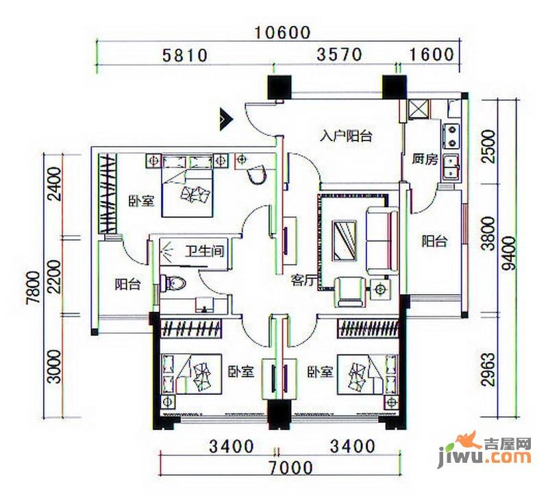 天域香格里拉3室1厅1卫93.3㎡户型图