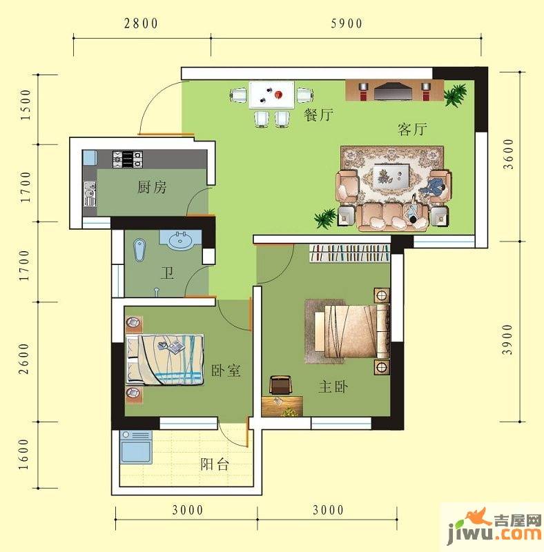 中房碧翠园2室2厅1卫66.1㎡户型图