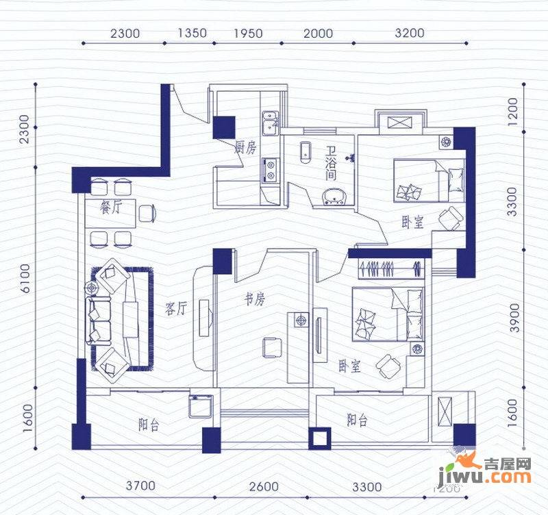 融昌邕江银座3室2厅1卫100.5㎡户型图