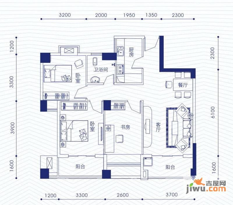 融昌邕江银座3室2厅1卫100.5㎡户型图